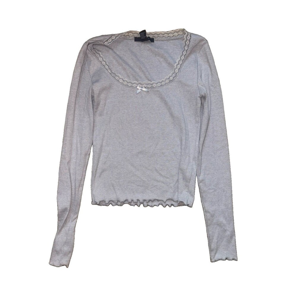 Forever 21 Gray Knit Lace Trim Scoop Neck Long Sleeve Top w/ Bow Size S